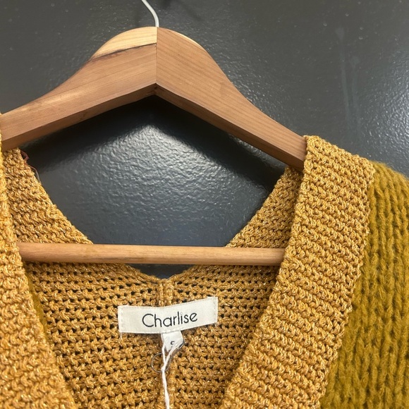 Charlise NWT S oversized Yellow and gold V-Neck Sweater neck yellow shimmers - Picture 4 of 13